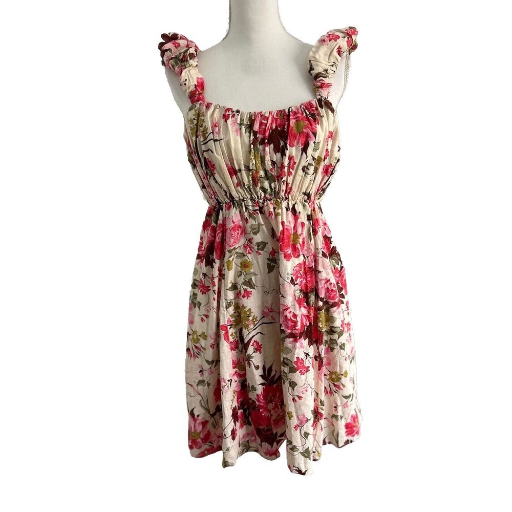 Abercrombie & Fitch Cream Floral Ruffle-Shoulder Long Sleeve Dress